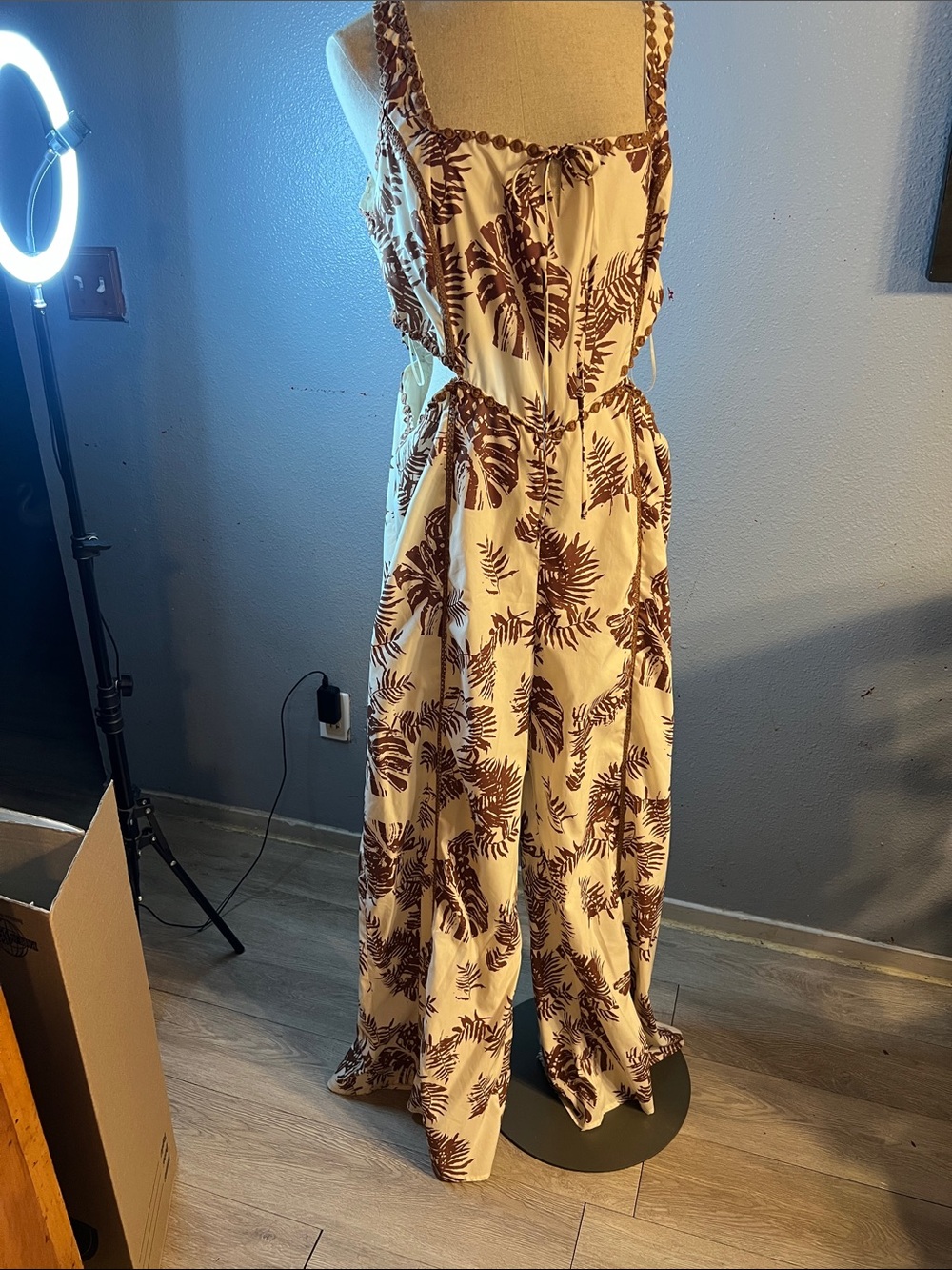 Fashion Nova Cream Jumpsuit with Brown Leaf Print
